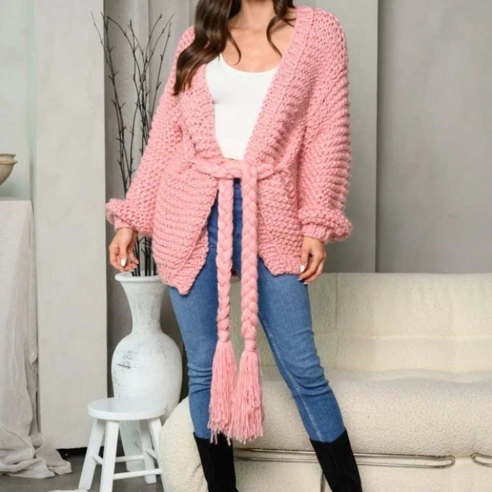 LONG SLEEVE SELF TIE OPEN FRONT KNIT SWEATER CARDIGAN pink - Picture 2 of 6